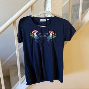 Navy Blue Women's Tee with Mushroom Embroidery